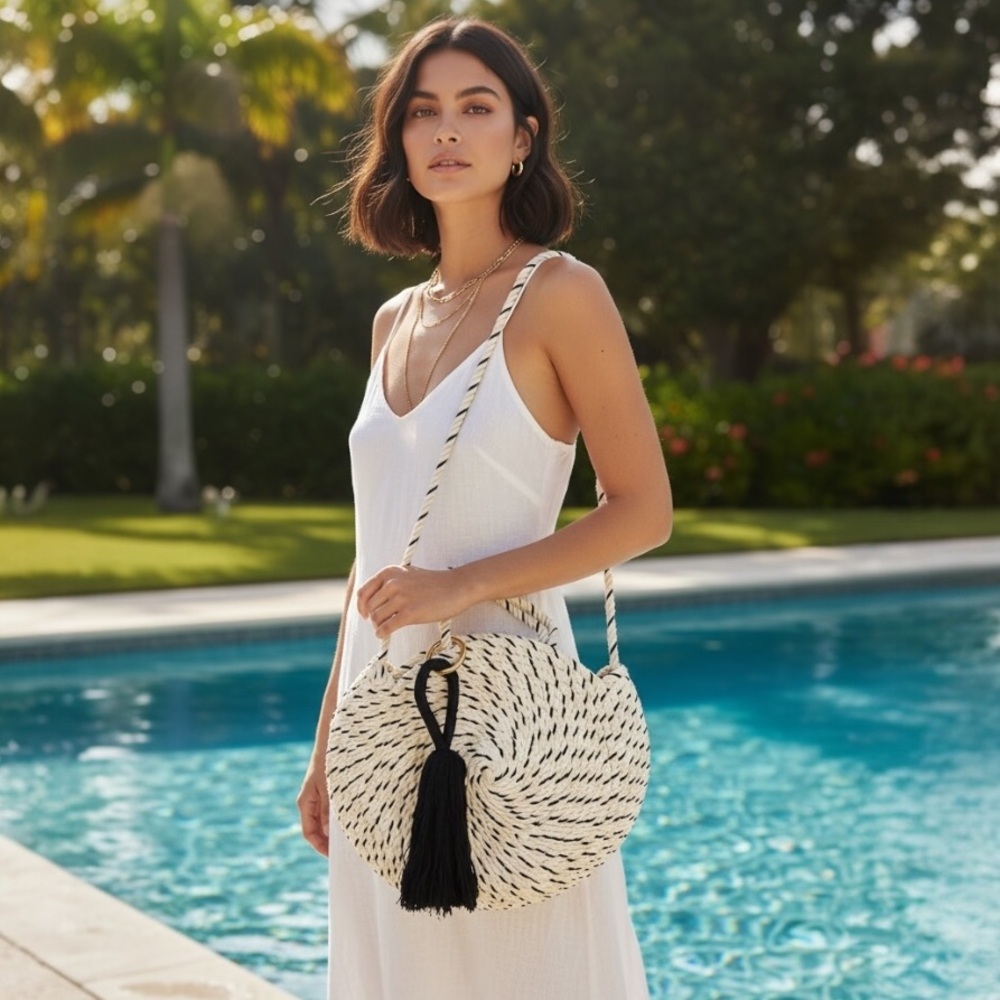 Zara TRF Round Rope Crossbody Bag Black Ivory Bohemian Tassel